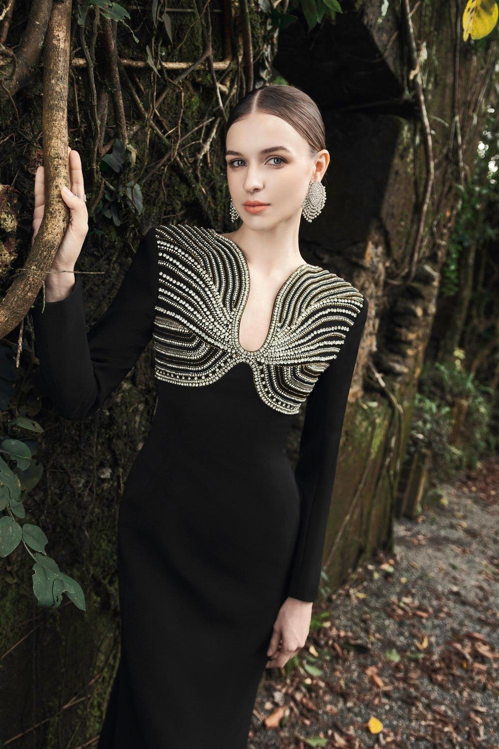 Long Sleeve Crystal Embellished Chest Dress